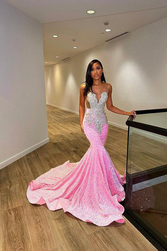 Gaun Prom manik-manik kristal mewah gaun pesta malam Formal indah putri duyung berpayet berkilau merah muda wanita gaun pesta malam