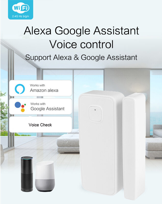 Tuya-Sensor de porta e janela WiFi, Detector, Alarme, Vida inteligente, Compatível com Alexa, Google Home