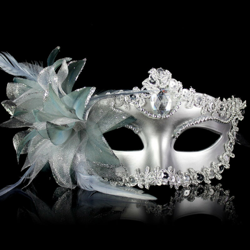 Máscara veneciana de diamantes para fiesta de baile, flor de pluma, disfraz de actuación de Carnaval de boda, máscara de dama Sexy, mascarada de Navidad