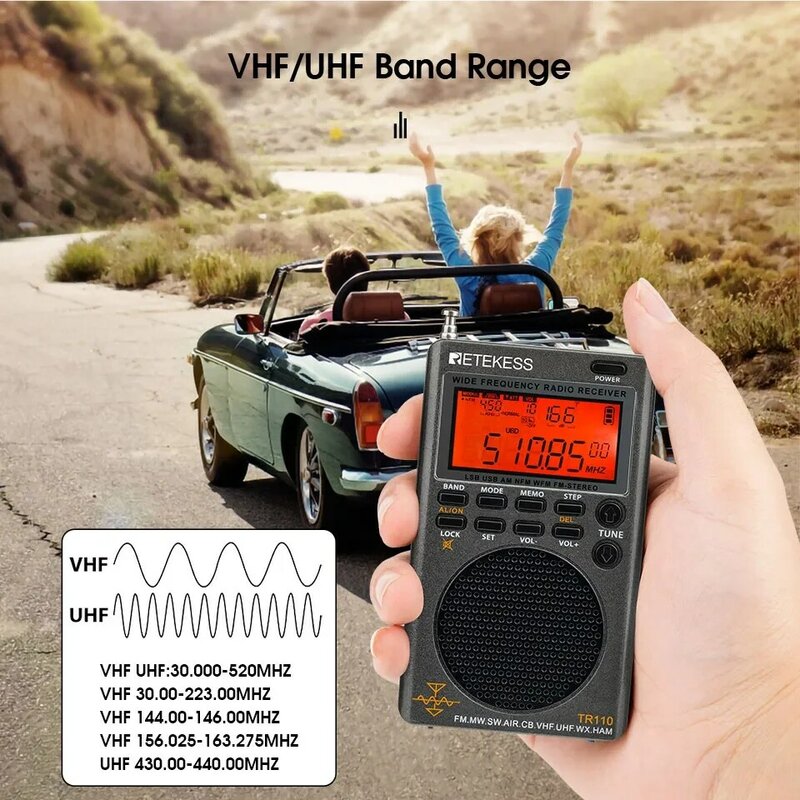 Retekess TR110 Portátil SSB Rádio FM MW SW LSB AIR CB VHF UHF Banda Completa NOAA Alerta Receptor de Rádio Digital para Exterior