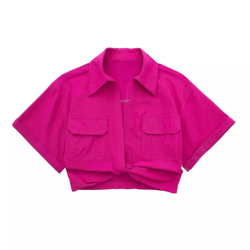 Estate nuovo 2023 stile donna tasche Patch annodato lino corto grembiule camicetta Lady Chic Kimono Cropped Shirt top LS1376