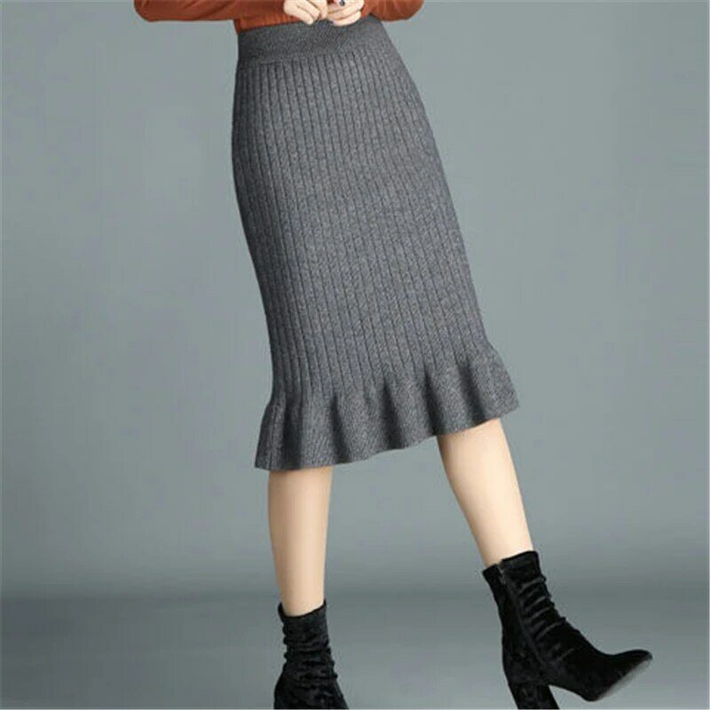 2022 Autumn Winter Elegant High Waist Bodycon Ruffle Mermaid Knitted Skirts for Women Fashion Office Lady Solid Slim Midi Skirts