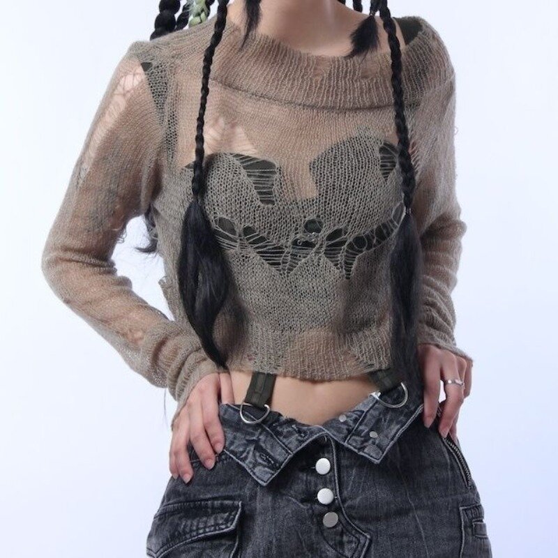 Женский свитер в стиле Харадзюку, Укороченный трикотажный пуловер с вырезами, просвечивающий джемпер в винтажном стиле, весна