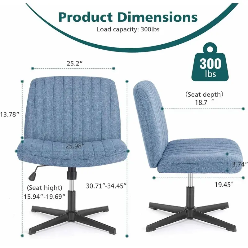 Silla de oficina acolchada con patas cruzadas sin brazos, sillas de escritorio para el hogar, giratorias ajustables anchas, sin ruedas, azul