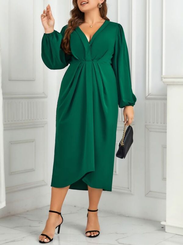 Large Size Dresses Women 2023 New Casual Solid Color V-Neck Long Sleeve Elegant Evening Dresses Fashion Plus Size Women Clothing
