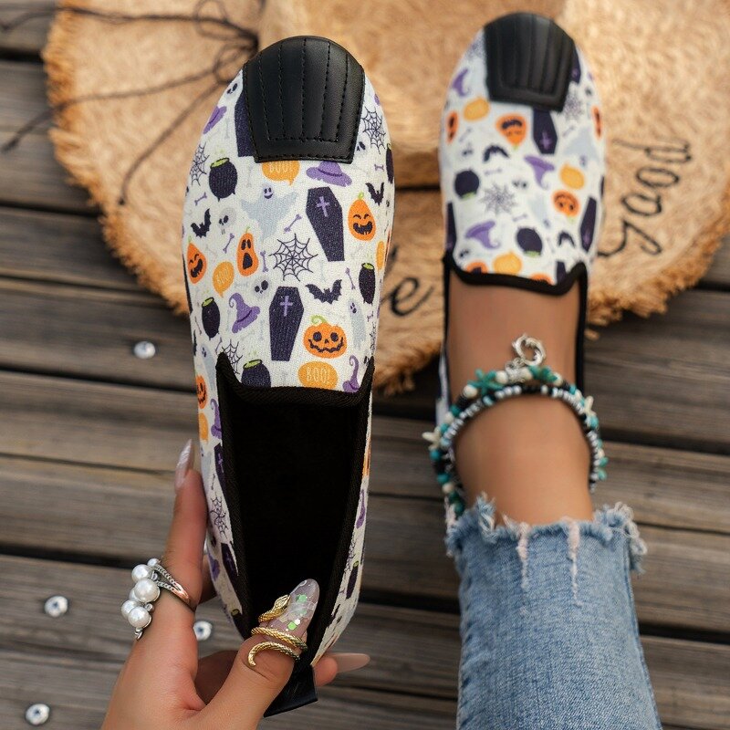 Women's 2024 Autumn New Fashion Halloween Spider Web Pumpkin Printing Comfort Shoes Breathable Canvas Casual Shoes Slip-on Flats