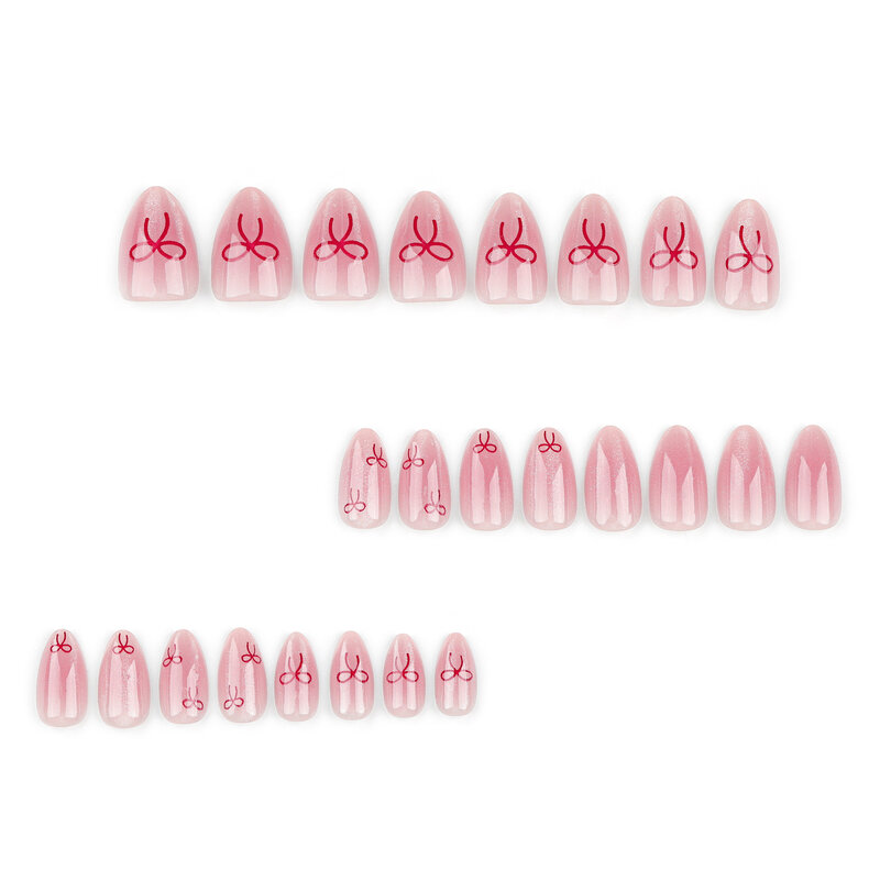 여성용 반짝이는 핑크 가짜 손톱, 귀여운 활 디자인, 아몬드 가짜 네일 패치, 착용 가능, 한국 고양이 눈, 손톱 압박, 24 개