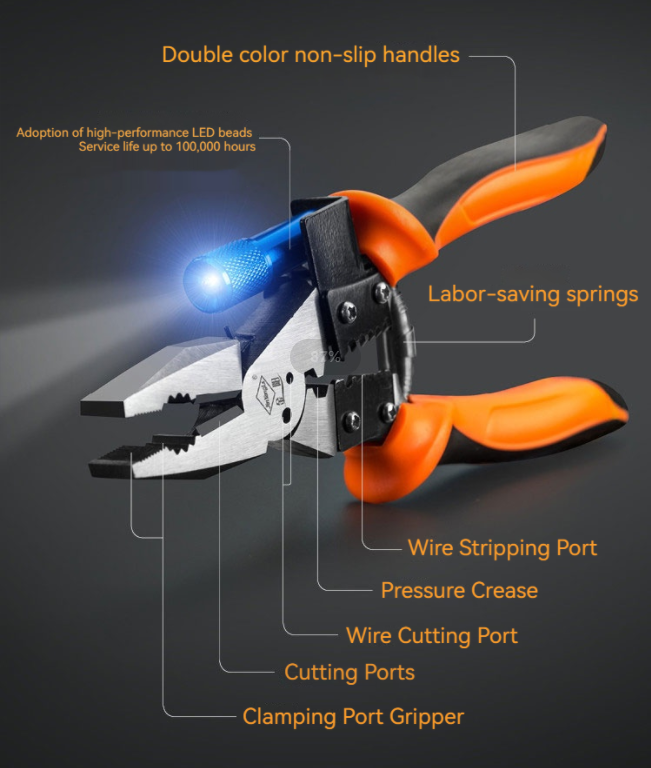 Sharp-nosed pliers electrician wire stripping pliers high carbon steel wire pliers multifunctional labor-saving vise LED lights