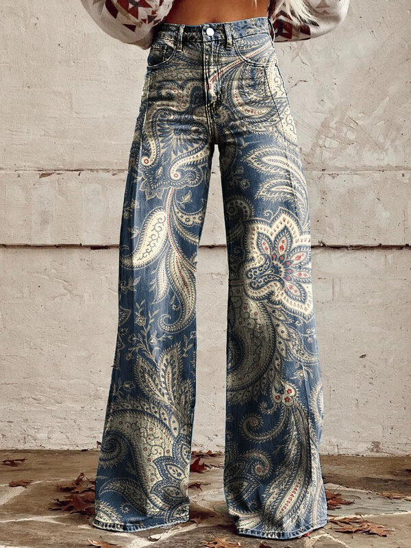 กางเกงยีนส์แฟชั่นจิตรกรรมฝาผนังของผู้หญิงกางเกง S-XL ลำลองเอวสูงหรูหราสไตล์เกาหลีกางเกงทรงหลวมกางเกงขาม้า