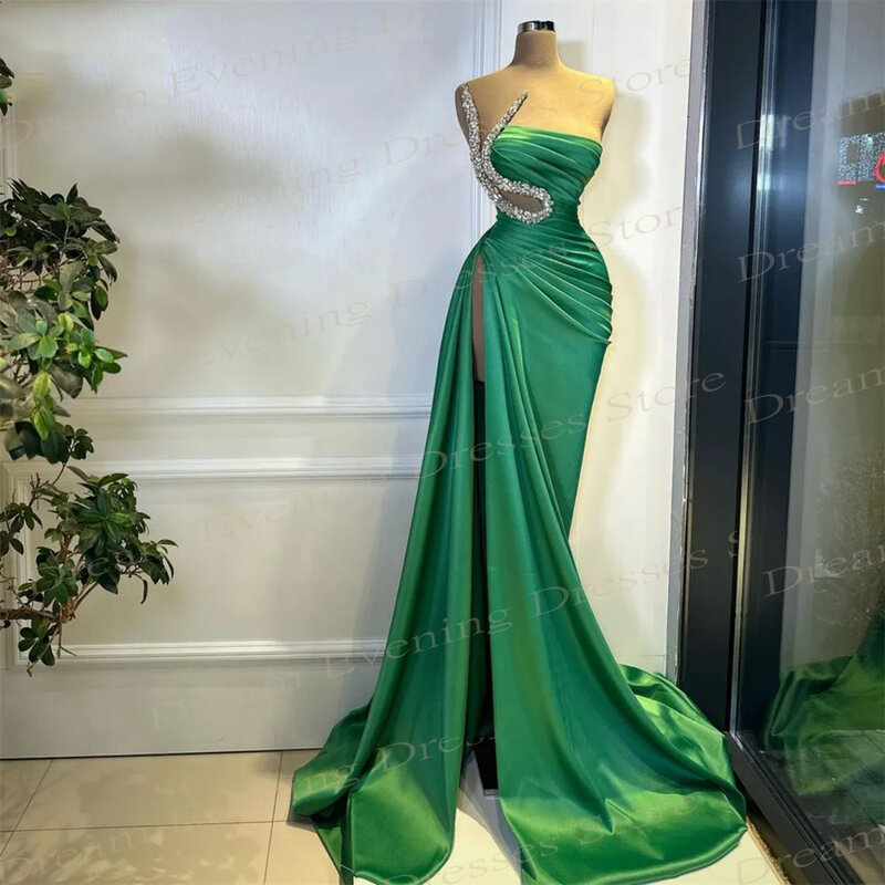 Gaun malam seksi putri duyung hijau mewah tanpa lengan sisi tanpa tali bahu gaun pesta Prom lipit belahan tinggi Vestido De Fiesta