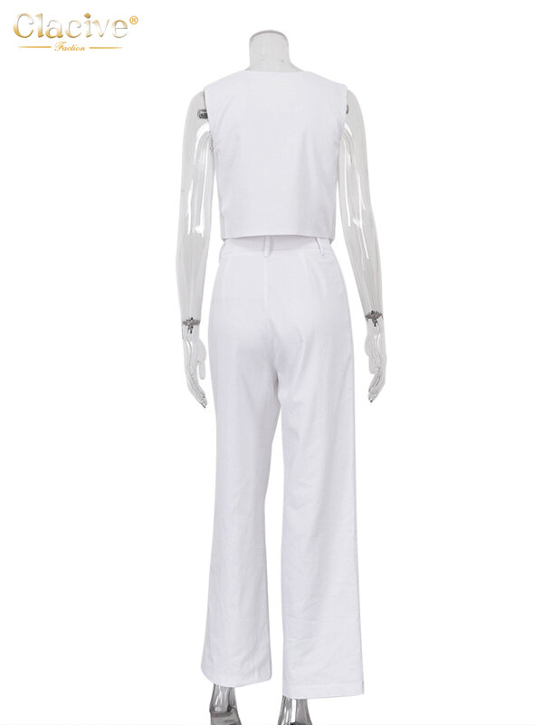 Clacive Sommer weißes Leinen zweiteiliges Set für Frauen Mode ärmelloses Tanktop neu in passendem Hosen-Set mit hoher Taille und breiter Taille