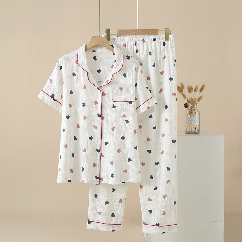 Conjunto de pijama de verão feminino, roupa íntima de algodão puro, calças de manga curta, roupa de lingerie feminina, terno floral