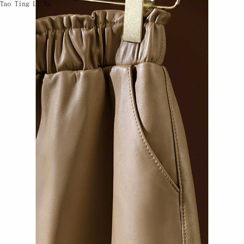 2023 nova cintura alta casual genuíno couro de carneiro shorts solto perna larga confortável calções de couro real w26