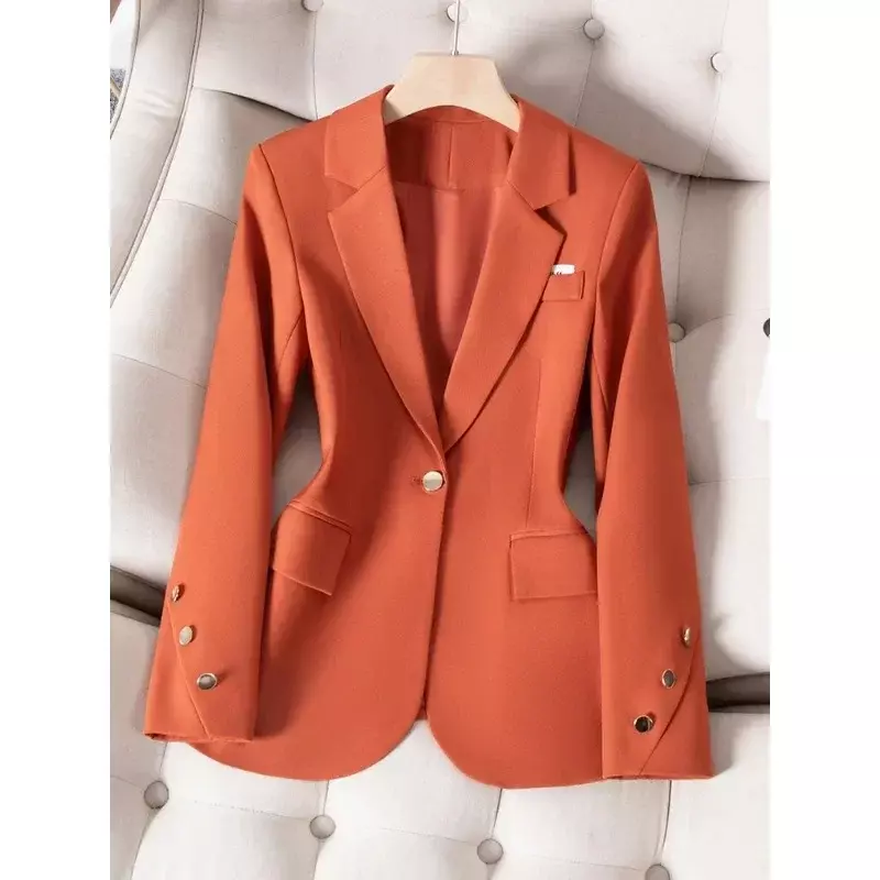 Модный женский официальный Блейзер, оранжевый, хаки, черный, Женская офисная одежда с длинным рукавом для работы, куртка для осени и зимы