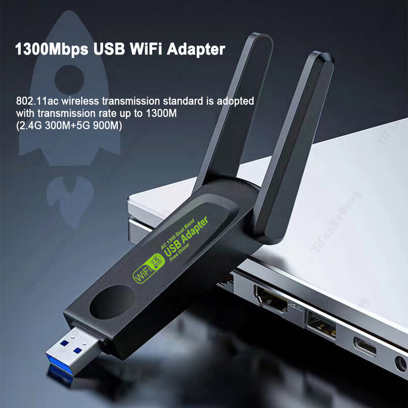 Adaptador WiFi de banda dupla para Windows, Dongle de rede sem fio, driver livre, USB 3.0, 1300Mbps, 2.4GHz, 5GHz