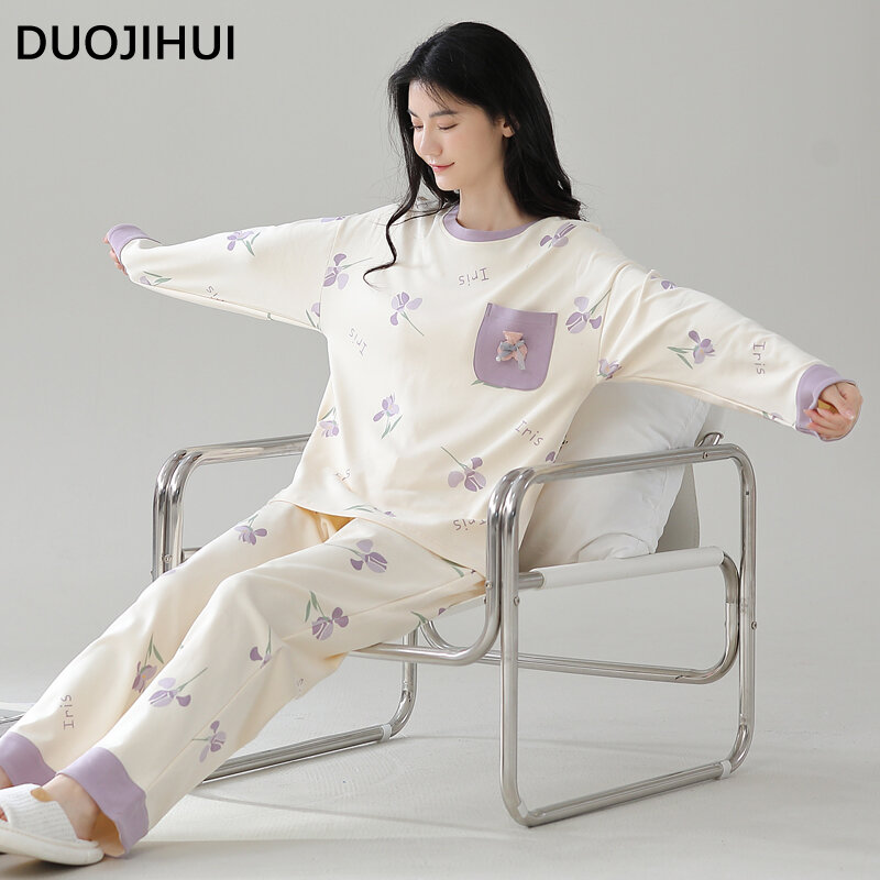 DUOJIHUI pakaian tidur wanita saku cantik, Set piyama kerah O musim gugur motif bunga sederhana modis kasual longgar untuk wanita