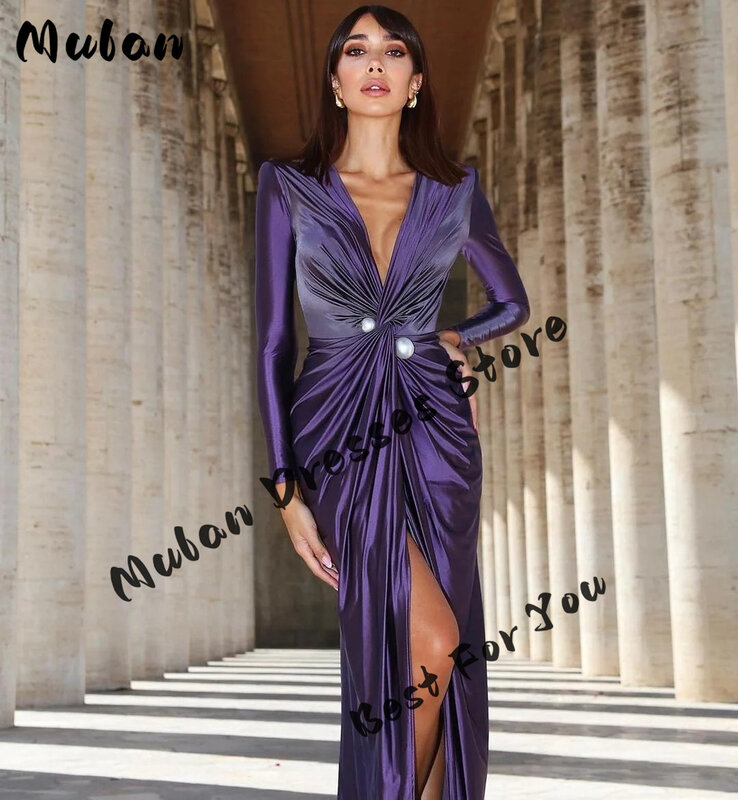 Женское вечернее платье с длинным рукавом, элегантное Плиссированное блестящее атласное платье знаменитости с V-образным вырезом, 2024