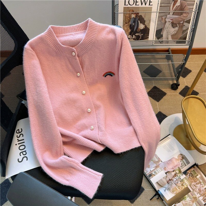 Korean Fashion O-neck Single-breasted Knitted Sweater 2023 Autumn Winter Simple Casual Loose Soft Pearl Buttons Cardigan Women