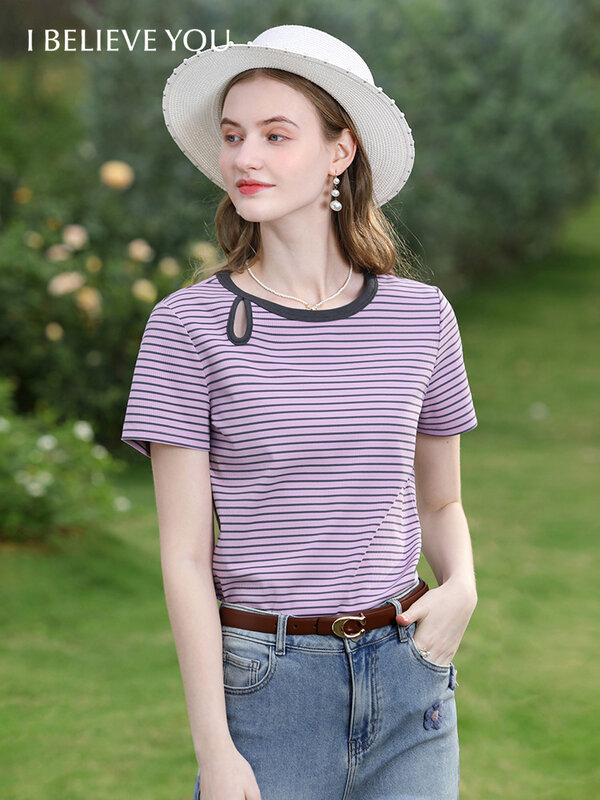 I BELIEVE YOU Women's T-shirt 2024 Summer Knit Short-sleeve Striped New Hollow Slim Casual O-Neck Korean Fashion Tops 2242015605