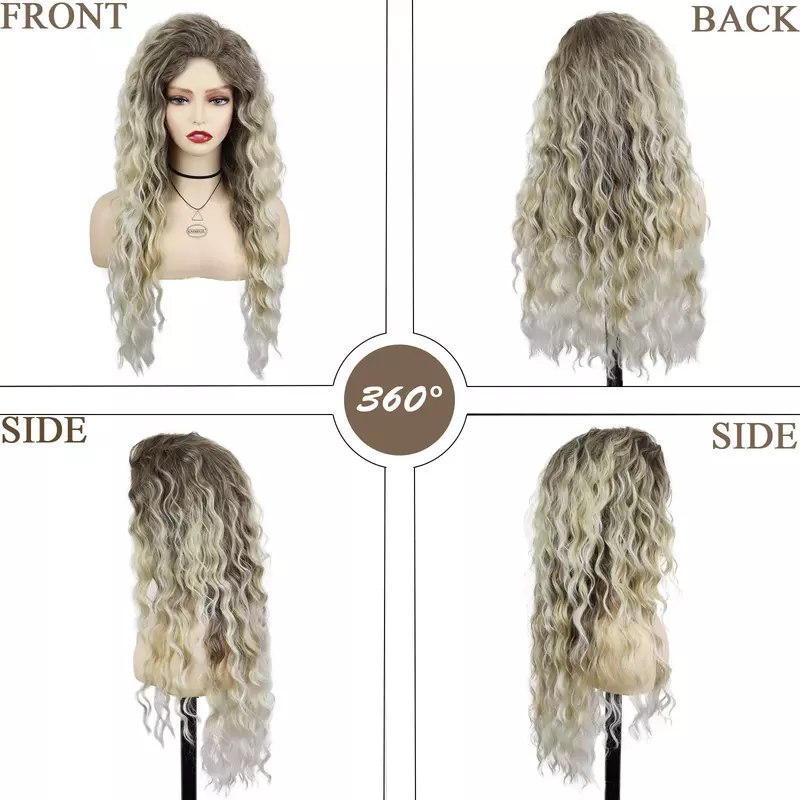 여성용 합성 가발, 긴 머리, 애쉬 블론드 곱슬 가발, 자연스러운 물결 모양 드래그 퀸 정사이즈 가발, 80 년대 다크 브라운 옴브레 가발