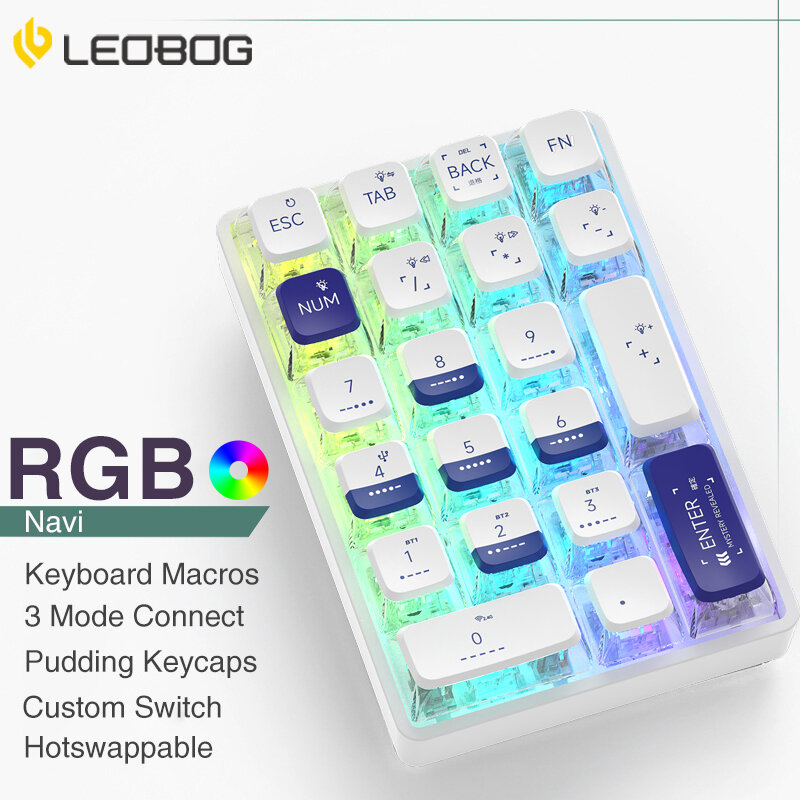 LEOBOG 블루투스 기계식 숫자 패드, 투명 숫자 키패드, 포토샵 계정 키패드, 게임용 키보드, K21, 21 키