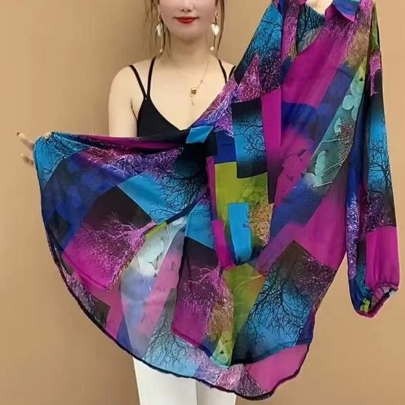 เสื้อเบลาส์สตรีทสีตัดกันพิมพ์ลายวินเทจเสื้อโปโลแบบบางสไตล์เกาหลีเสื้อทรงหลวมแขน3/4สำหรับฤดูใบไม้ผลิฤดูร้อน