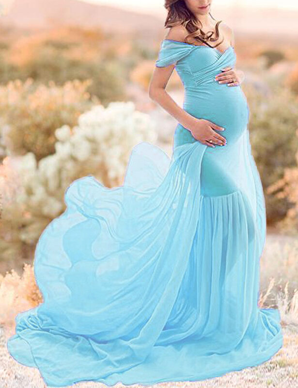Vestido longo de algodão mercom chiffon para mulheres grávidas, estilo europeu beleza, flu, cauda flu, para fotografia, natal