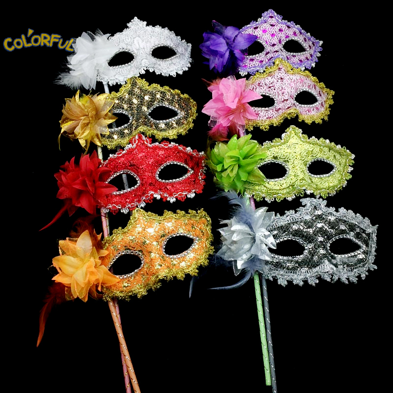 Bunga topeng genggam wanita gadis Venetian putri masker Masquerade pada tongkat pesta dansa gaun dekorasi