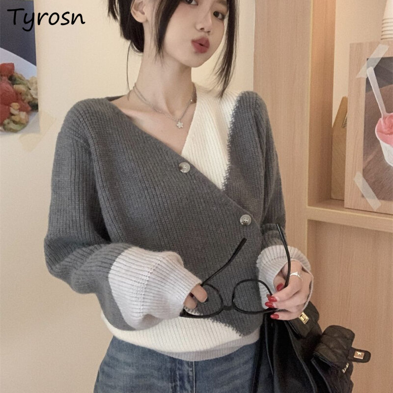 Jerseys de diseño elegante para mujer, Tops de punto de estilo coreano con paneles y botón Diagonal que combinan con todo, moda suave, Y2k Ins, otoño
