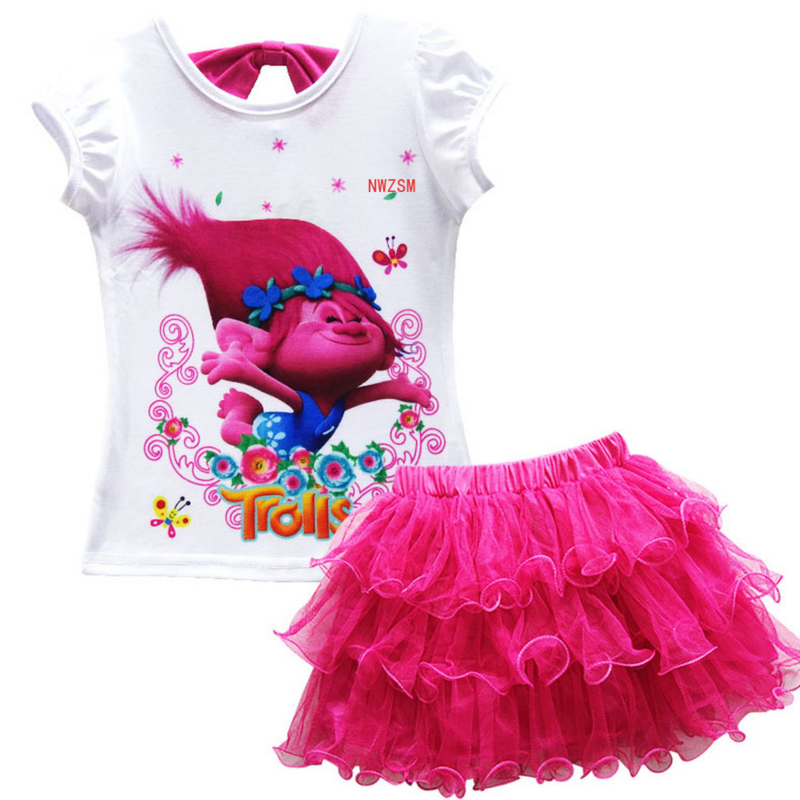 Модная детская одежда, футболка и юбка для девочек аниме-тролли, костюм для дня рождения из 2 предметов, летнее платье, мультяшное женское платье