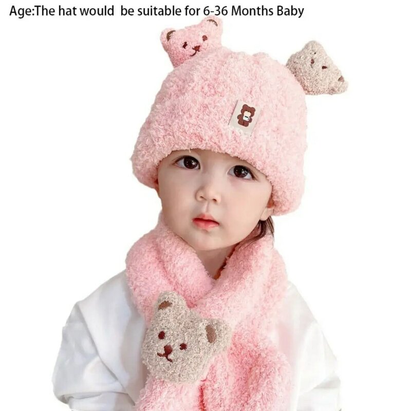 Cartoon Bear Baby Winter Hat and Scarf Set, Gorro infantil grosso, Mantenha boné de malha quente, Proteção de ouvido, Novo