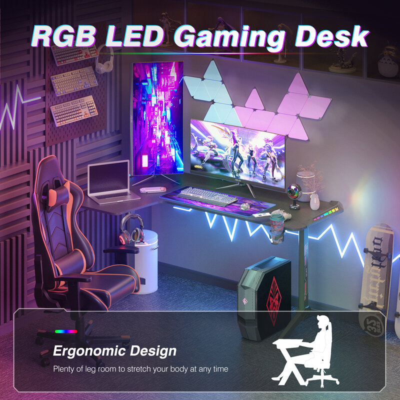 Escritorio de Pie Grande en forma de L, escritorio de juegos de 60 pulgadas, escritorio de esquina con luces LED RGB para computadora, oficina en casa