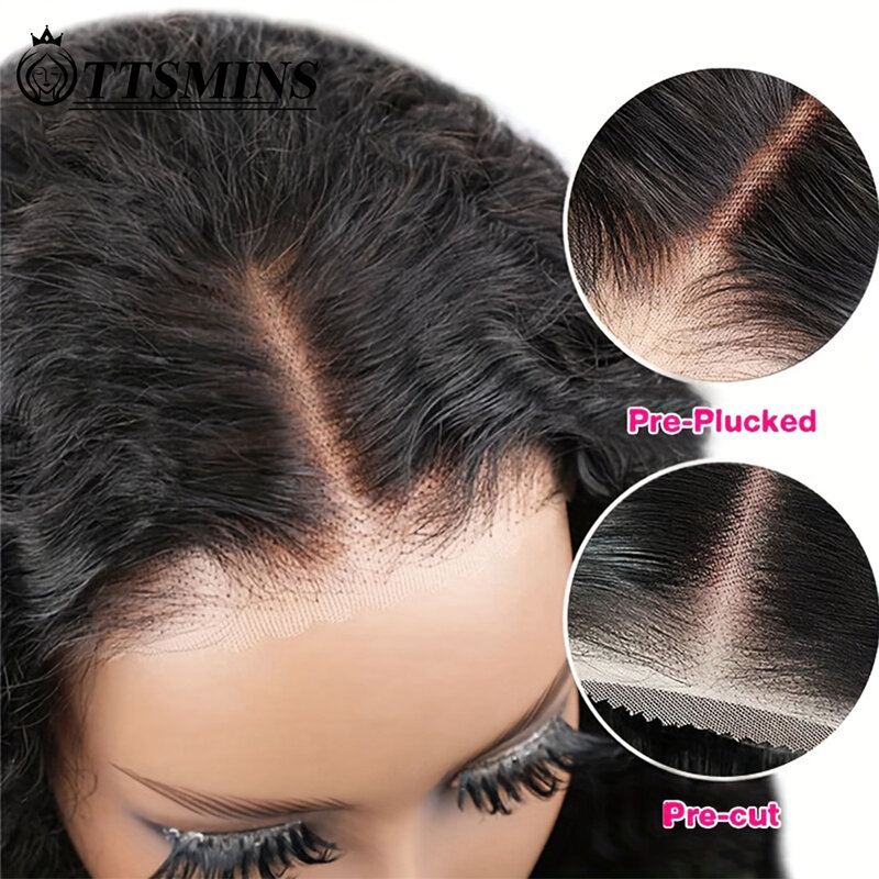 Natural preto glueless peruca de cabelo humano para iniciantes, pré arrancado, pré cortado, 5x5 HD laço encerramento perucas, onda profunda, 180%