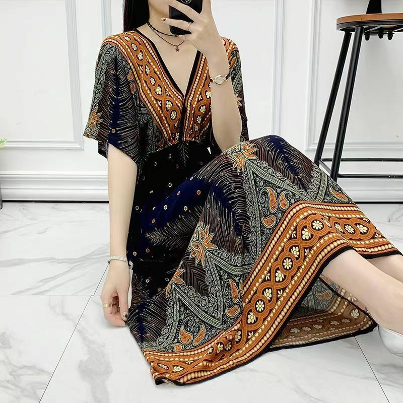 Robe Frauen lässig elegant Retro Bohemian V-Ausschnitt Bohemian Korean Print Sommer lange Kleid Kleidung Oberbekleidung Urlaub Stil