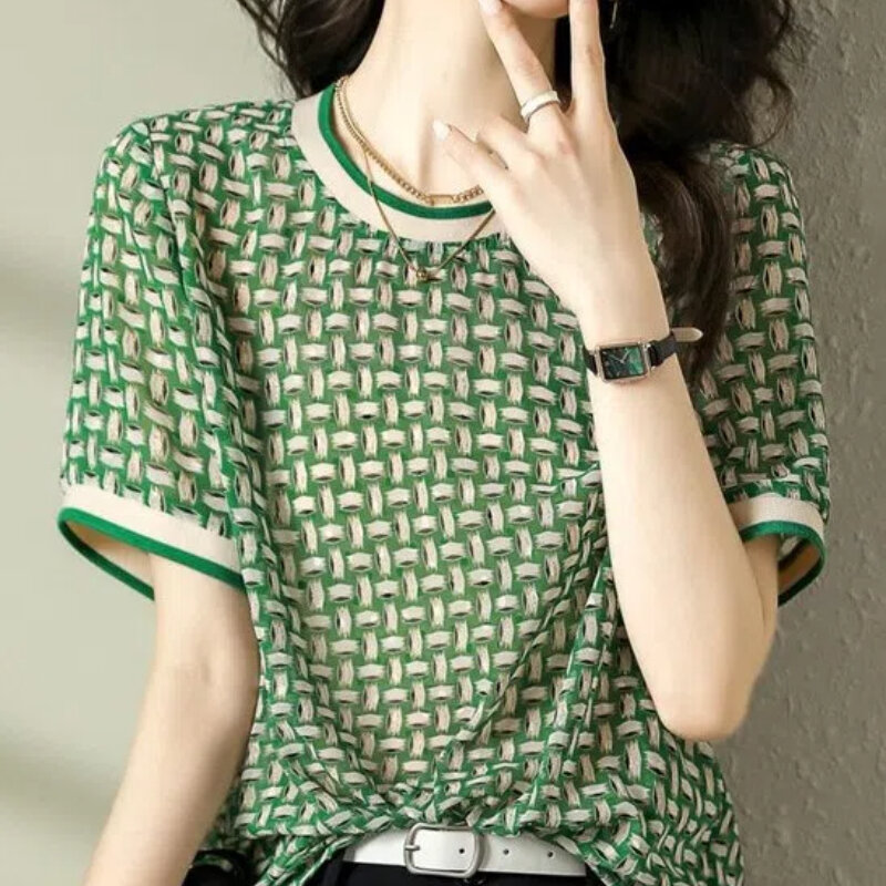 เสื้อเชิ้ตผ้าชีฟองแขนสั้นทรงหลวมสำหรับผู้หญิง, เสื้อพิมพ์ลายคอกลมงานเย็บปะอเนกประสงค์ MODE Korea ฤดูร้อนหรูหรา