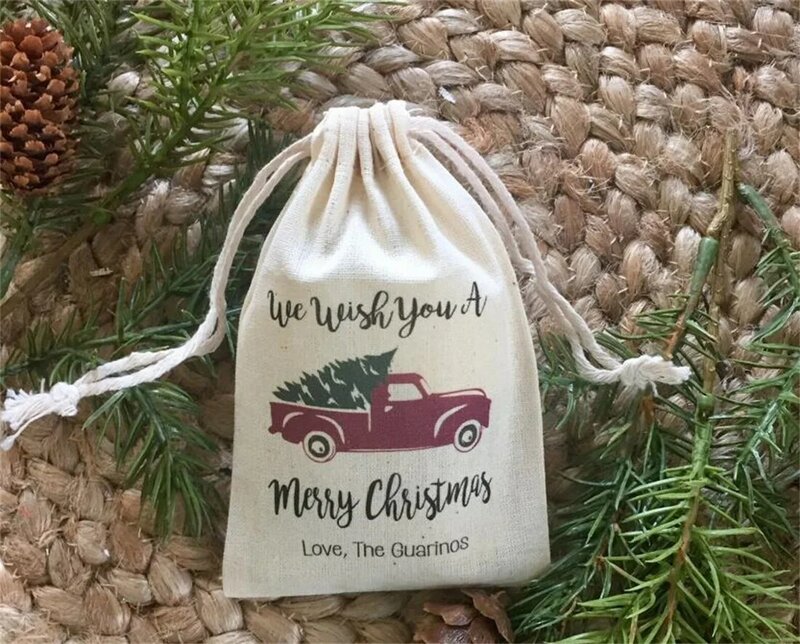 20pcs Personalized Christmas Favor Bags / Holiday Gift Bags / Vintage Truck With Christmas Tree