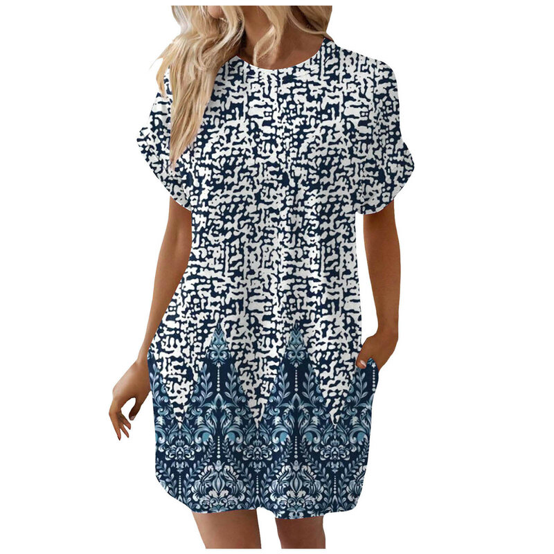 Damska miękka koszulka z krótkim rękawem w stylu Casual, letnia sukienka tunika drukowana luźna sukienka z kieszeniami fantazyjne sukienki dla kobiet