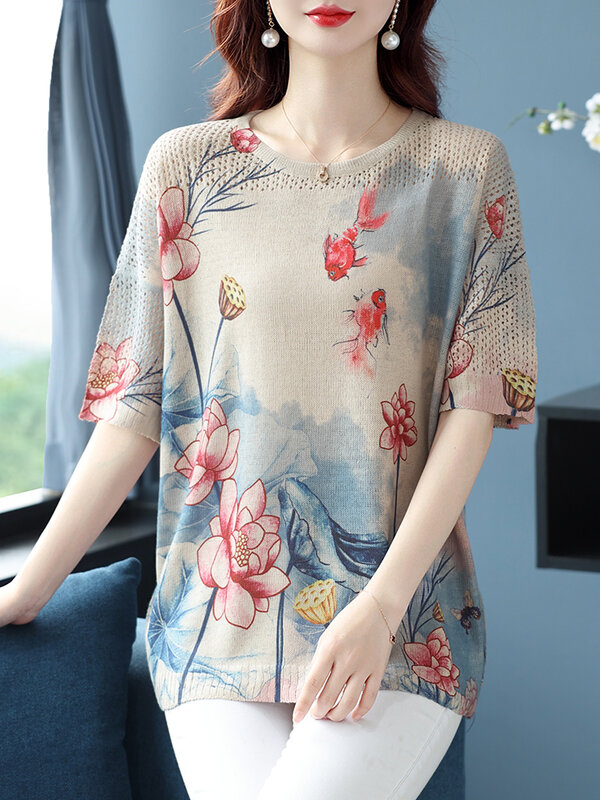 Kaus rajut berongga cetak Wanita Pakaian Musim Panas 2024 untuk wanita pullover kaus atasan Y2K longgar kaus Wanita