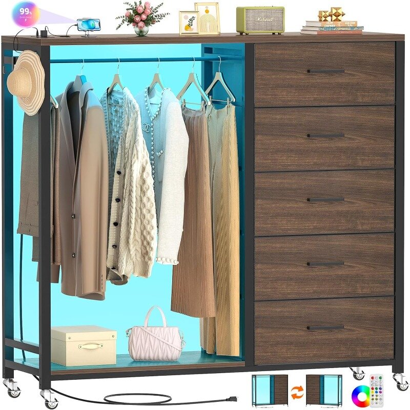 Dresser for Bedroom with Rack, 5 Drawers Dresser with Charging Station & LED Lights, Red Oak Storage Chest