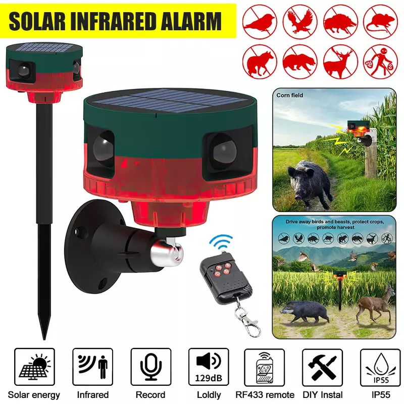 Sensor de movimiento infrarrojo Solar, Detector de alarma impermeable para exteriores, repelente de animales, alarma de seguridad de 129dB, sonido de disparos al ladrar perros