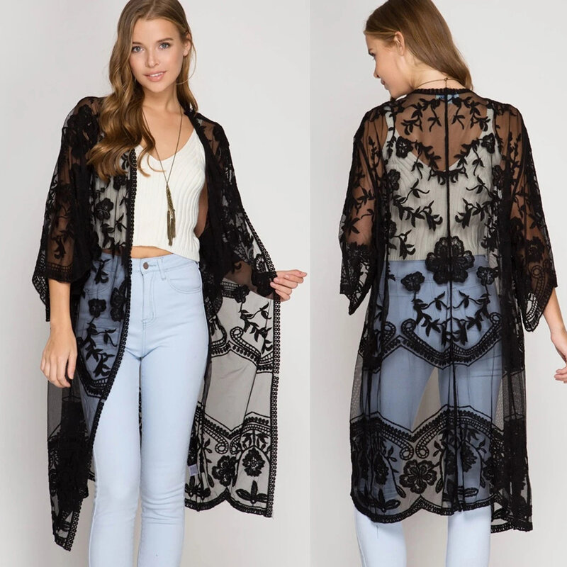 2022 Summer Women's Beach Blouse Mesh Lace Embroidered Holiday Sunscreen Cardigan