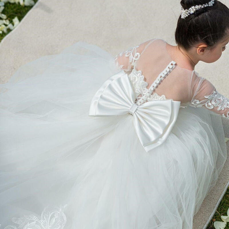 Gaun Pengiring Pengantin Putih Gaun Anak Perempuan Bunga Gaun Bola Gaun Pesta Pernikahan Anak-anak Gaun Komuni Pertama Lengan Panjang Pita Besar