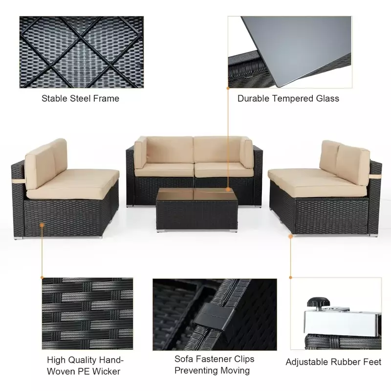 Juego de sofá de mimbre con cojines y mesa de té, muebles de exterior, 7 piezas, color negro