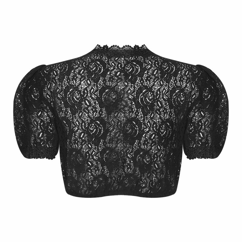 Damen elegante durchsichtige florale Spitze Bluse V-Ausschnitt/Schlüssel loch vorne Crop Top Retro Oktoberfest Shirt Kostüm