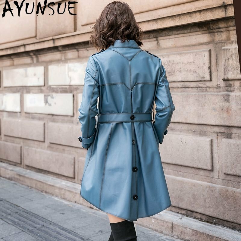 AYUNSUE-Chaqueta de piel de oveja auténtica para mujer, abrigo elegante de cuero de longitud media, rompevientos con cordones