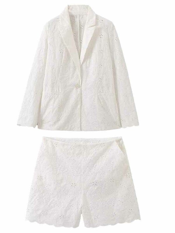 Casaco de terno bordado oco slim fit feminino, manga comprida, botão para cima, decoração de bolso, blusa chique, retrô, nova moda