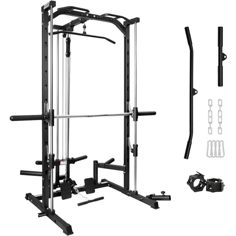 Smith Machine Power Rack with LAT-Pull Down System, Landmine, Barbell Bar, Plate Storage Pegs and More Training Attachment