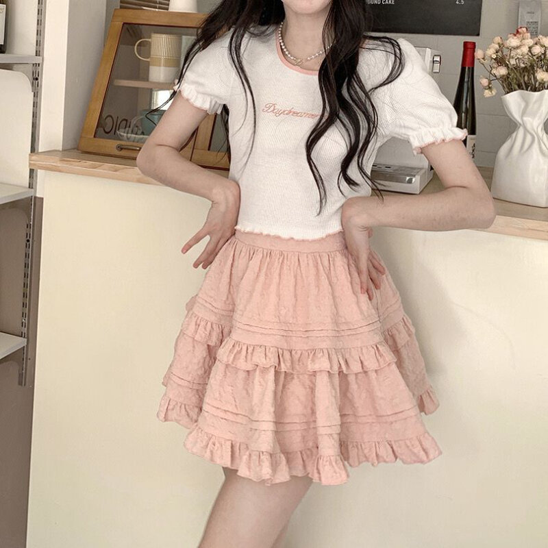 Милая женская мини-юбка в японском стиле Deeptown, многослойная Милая Короткая юбка в стиле «лолита» с оборками, элегантная кружевная трапециевидная юбка розового цвета