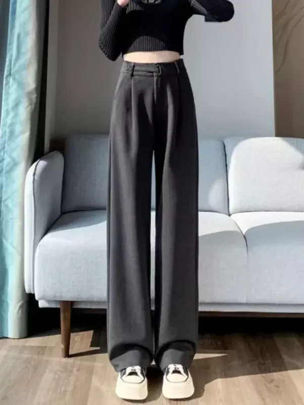 กางเกงขนแกะเอวสูงตรงทรงหลวมสำหรับผู้หญิงกางเกงแฟชั่นขากว้างแบบลำลองสำหรับฤดูใบไม้ร่วง/ฤดูหนาว