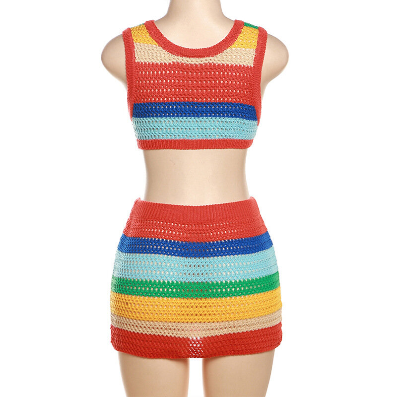 Women's Sexy 2-Piece Set Stripe Knit Sleeveless Round Neck Short Top +High Waist Slim Sports Skirt Summer Fashion Street Set